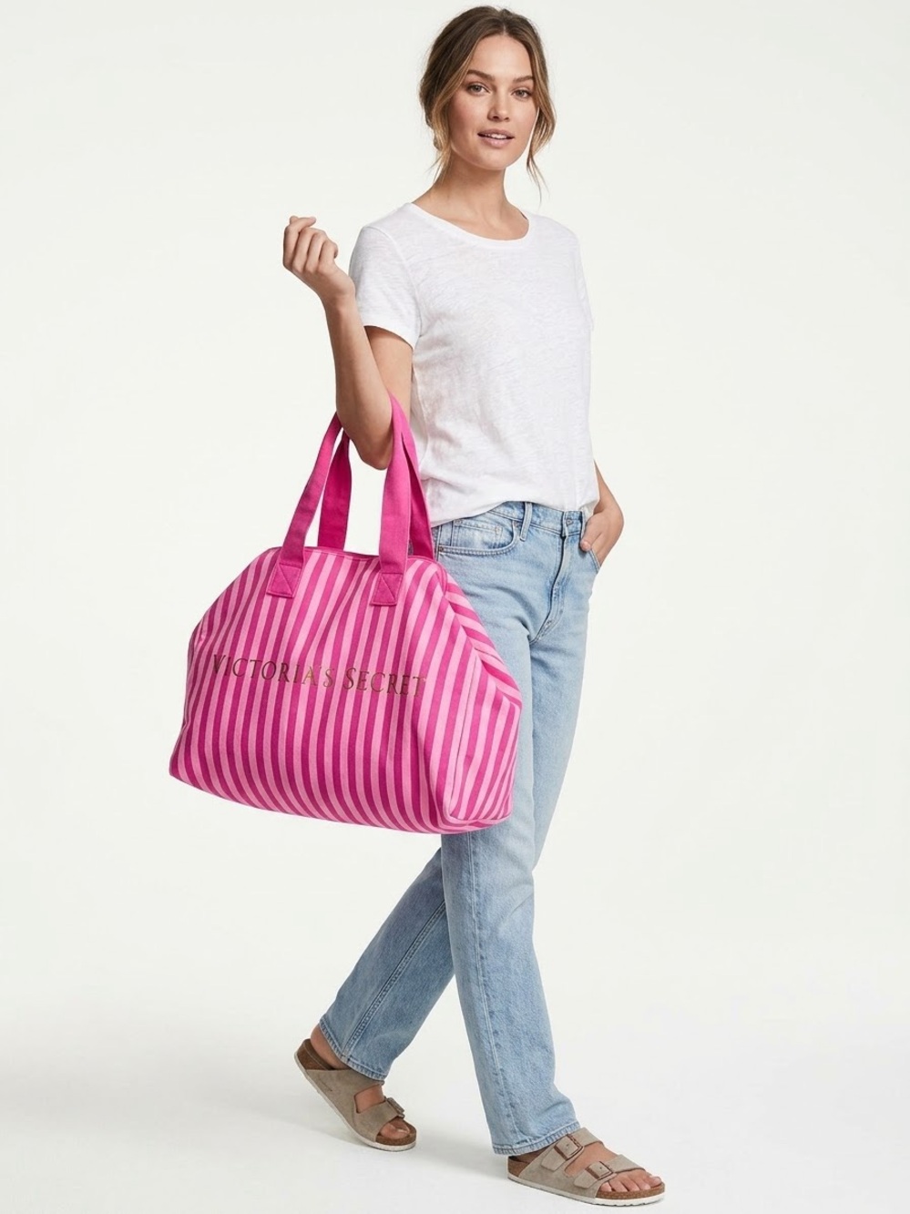 Victoria's Secret Pink Striped Canvas Tote Weekender Duffle Bag